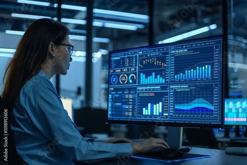 female financial analyst working late into the night at her office, analyzing business data on a large computer screen displaying a detailed financial dashboard.