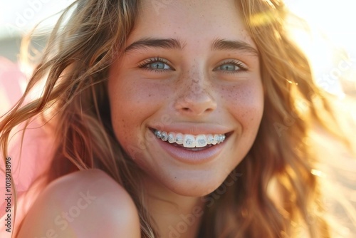 close-up shot of a woman smiling confidently with her Clear Aligner Dental Night Guard in place, highlighting the invisible and corrective benefits for teeth alignment