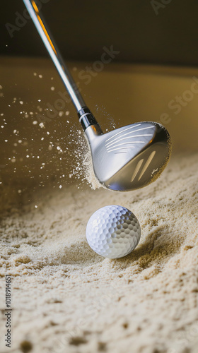 Golf club hitting ball in sand bunker during a shot photo