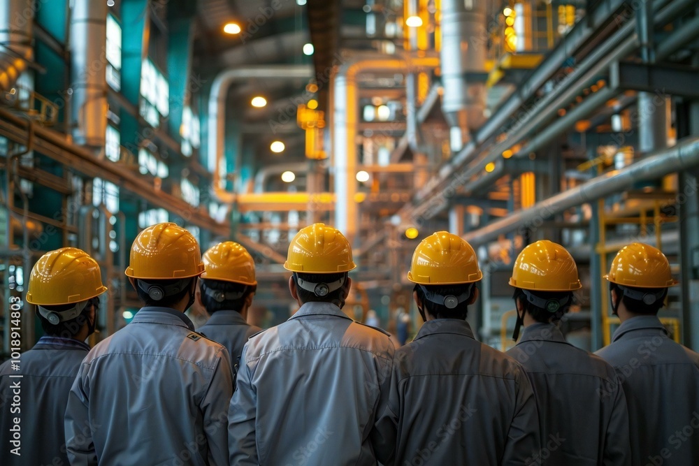 group of factory engineers in helmets inspecting and checking an industrial facility. group of factory engineers in helmets inspecting and checking an industrial facility.