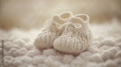 Gender neutral knitted baby booties for babies. Baby's first shoes are handmade and exude warmth and cosiness. Illustration for banner, poster, cover, brochure, postcard or presentation.