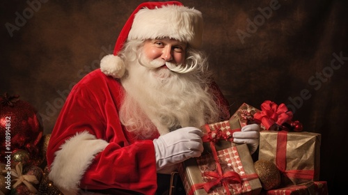 Smiling man in Santa Claus costume with many gift boxes. Christmas or New Year. Image in retro photography style. Illustration for cover, card, postcard, poster, brochure, etc. photo