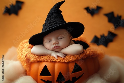 Cute Sleeping Baby Dressed as a Witch in a Halloween-Themed Setting