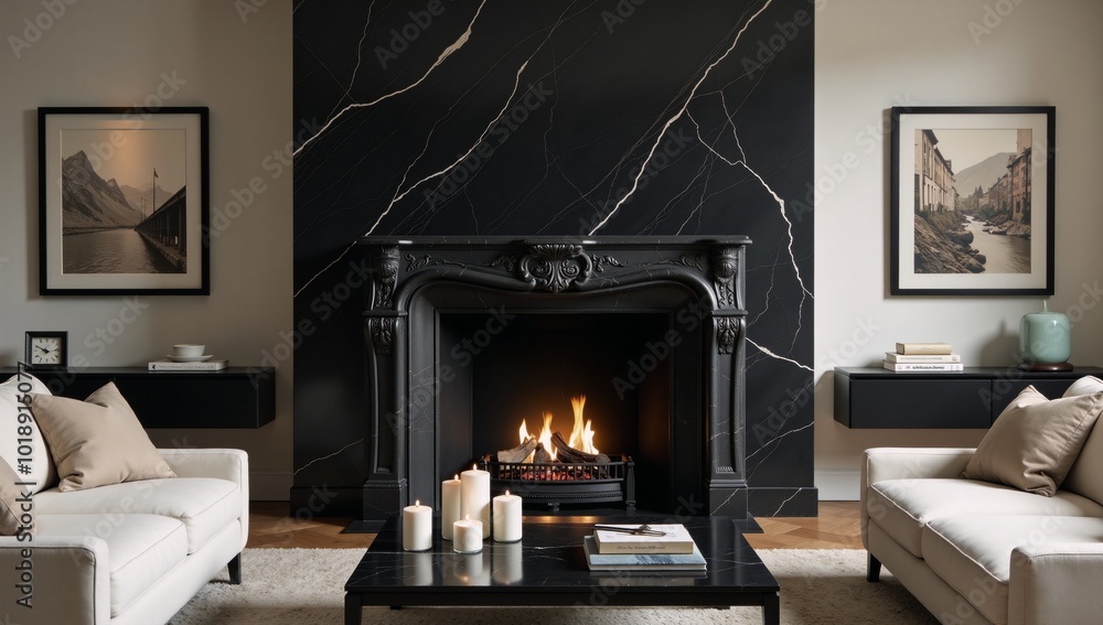 A living room featuring a sleek black marble fireplace as its centerpiece dcor element A living room featuring a sleek black marble fireplace as its centerpiece dcor element