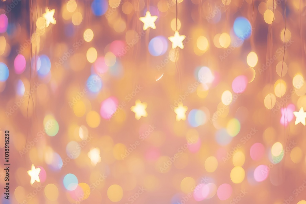 Obraz premium Abstract colorful bokeh lights and stars background. Glittering shine lights. Christmas and New Year decorations. Festive backdrop for wedding, birthday, Valentine Day, party