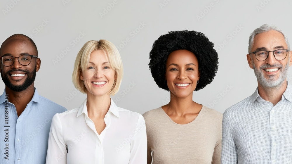 Diverse group of smiling professionals standing together in a neutral setting during the day Diverse group of smiling professionals standing together in a neutral setting during the day