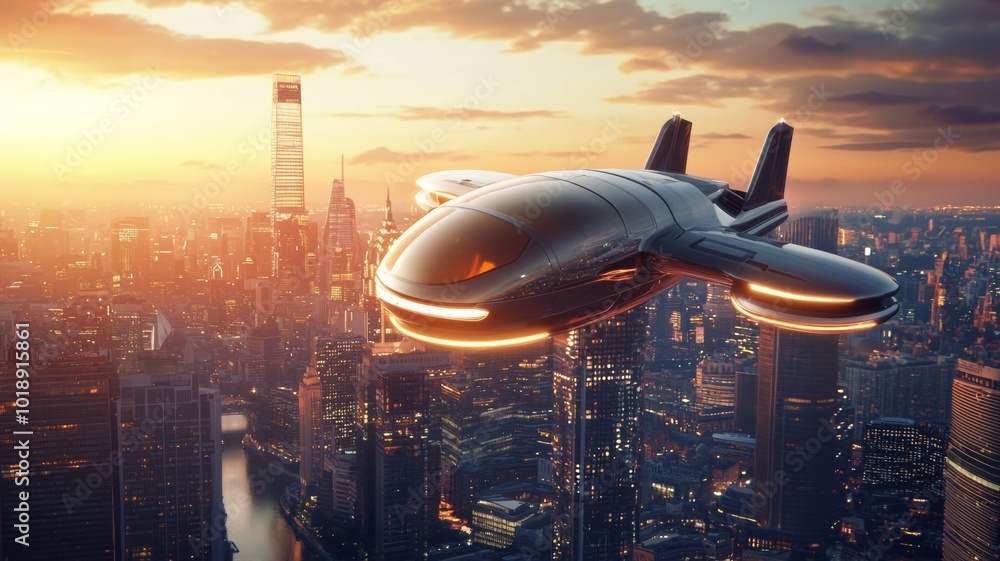 Futuristic flying vehicle soaring over a vibrant city skyline at sunset Futuristic flying vehicle soaring over a vibrant city skyline at sunset