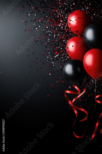 Black and Red Balloons with Confetti on Dark Background