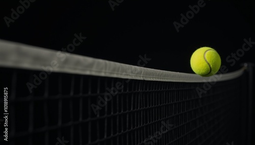 Yellow tennis ball soaring towards black-backdrop tennis net banner for text insertion Generated by photo