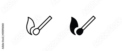 match burning. Danger flammable matchstick line and flat icons set, editable stroke isolated on white, linear vector outline illustration, symbol logo design style