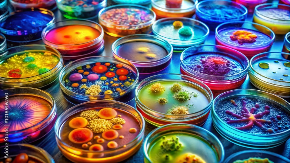Microscopic View of Colorful Bacteria Cultures in Petri Dishes Under Laboratory Conditions Microscopic View of Colorful Bacteria Cultures in Petri Dishes Under Laboratory Conditions