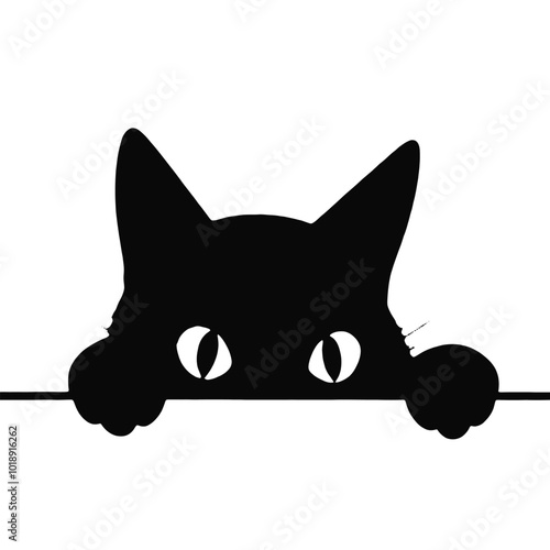 A black cat peeking out from behind a surface, with only its eyes and the top of its head visible 