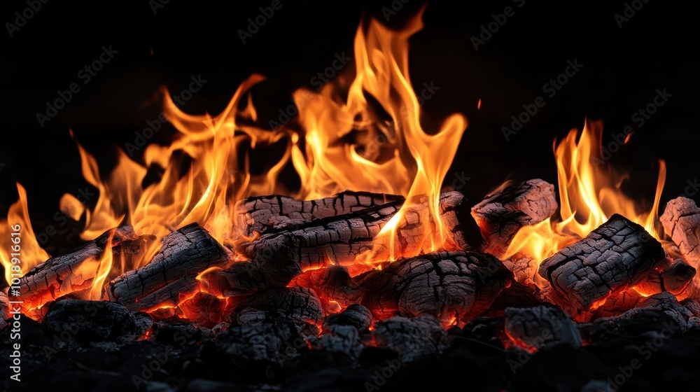 Close-up of burning firewood with flames and embers