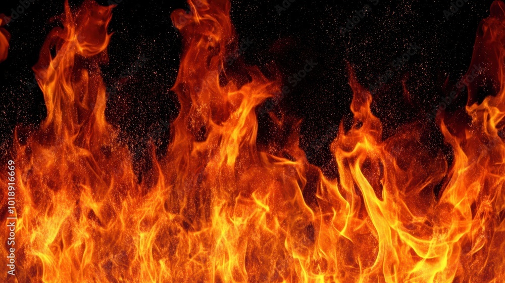 Intense orange and yellow flames with sparks against a black background, creating a vivid and dynamic fire scene Intense orange and yellow flames with sparks against a black background, creating a vivid and dynamic fire scene