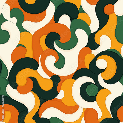 Retro mid century modern style swirls - orange, green 1970s muted colors. Seamless pattern