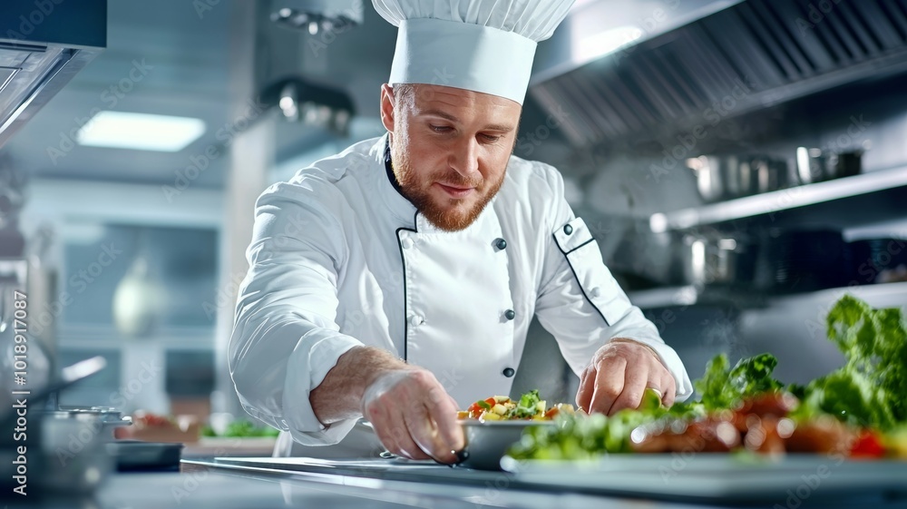Chef preparing a fresh salad in a modern restaurant kitchen during the lunch rush among various culinary tools Chef preparing a fresh salad in a modern restaurant kitchen during the lunch rush among various culinary tools