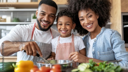 Family cooking together in a bright kitchen, enjoying quality time while preparing a meal on a sunny afternoon