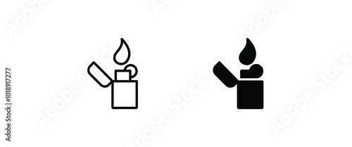 Gas Lighter with Flaming Ignition cigarette line and flat icons set, editable stroke isolated on white, linear vector outline illustration, symbol logo design style