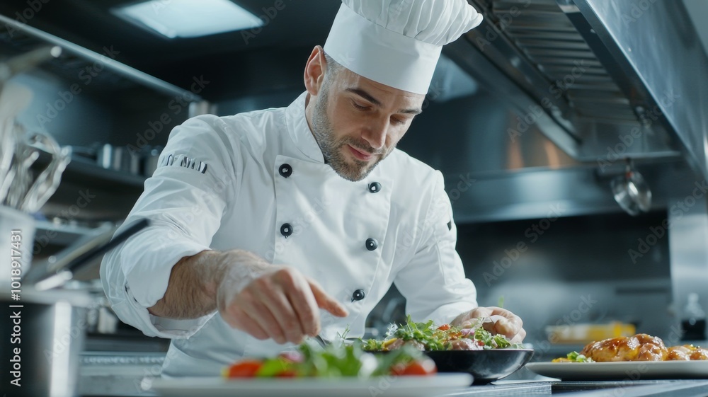 Chef carefully plates a colorful dish in a modern kitchen during dinner service Chef carefully plates a colorful dish in a modern kitchen during dinner service