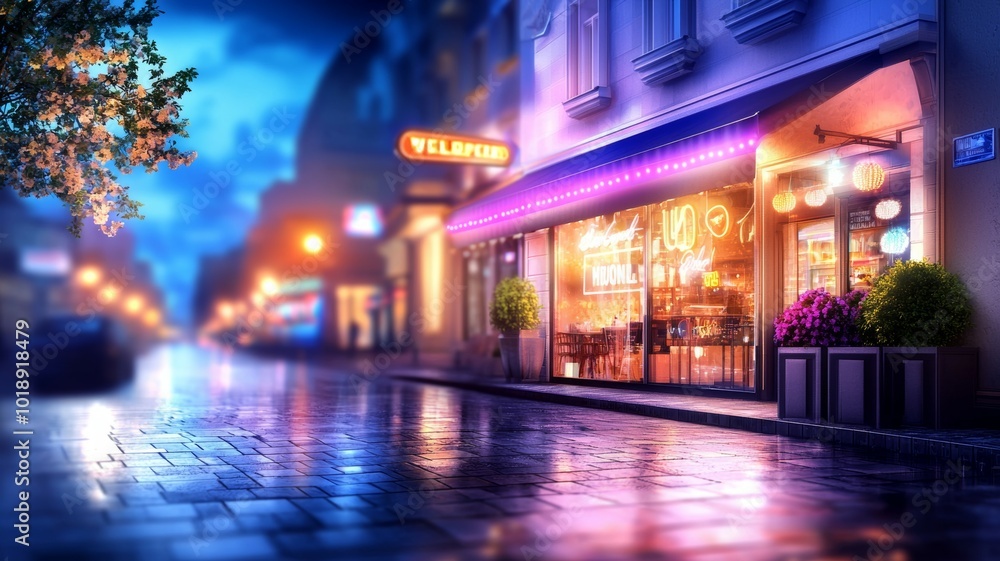 A lively café illuminated by neon lights reflects off the wet street during a vibrant evening in an urban setting A lively café illuminated by neon lights reflects off the wet street during a vibrant evening in an urban setting