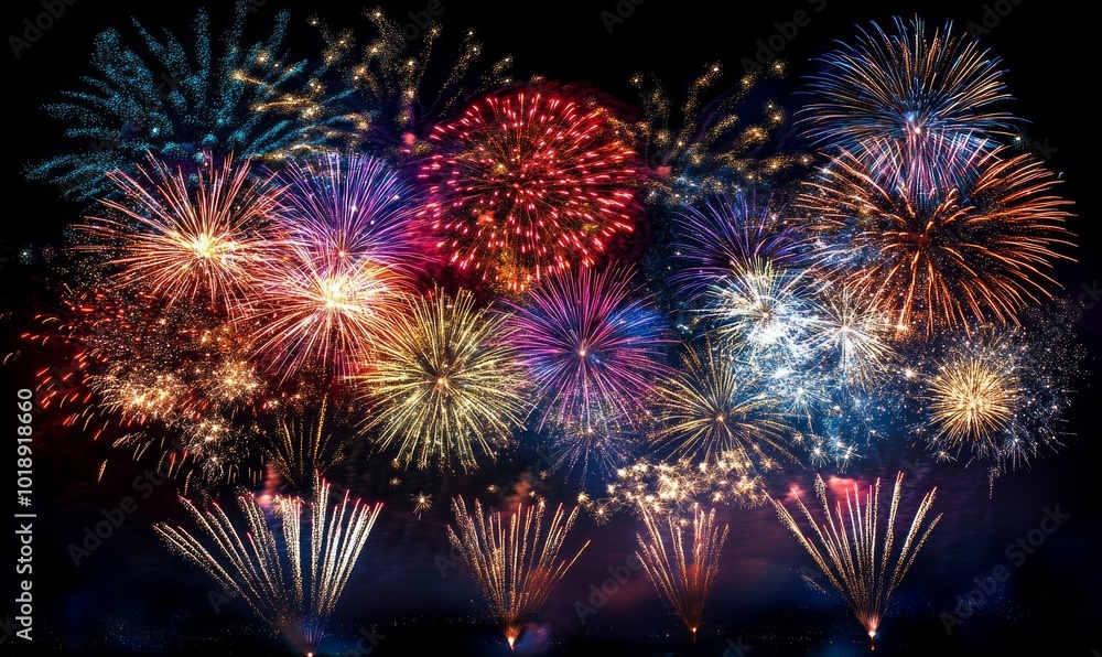 Fototapeta premium New Year's Day Fireworks on January 1st: Explosions of Colorful Fireworks and Sparkling Night Skies