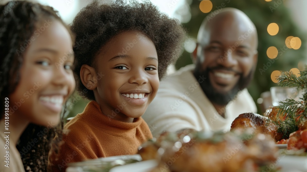 Family enjoys a festive meal together during holiday celebration in a cozy dining room with twinkling lights Family enjoys a festive meal together during holiday celebration in a cozy dining room with twinkling lights