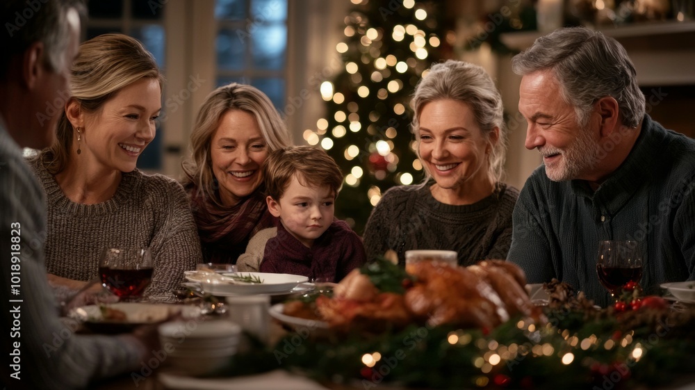 Family gathering around a festive dinner table during the holiday season in a cozy living room setting Family gathering around a festive dinner table during the holiday season in a cozy living room setting