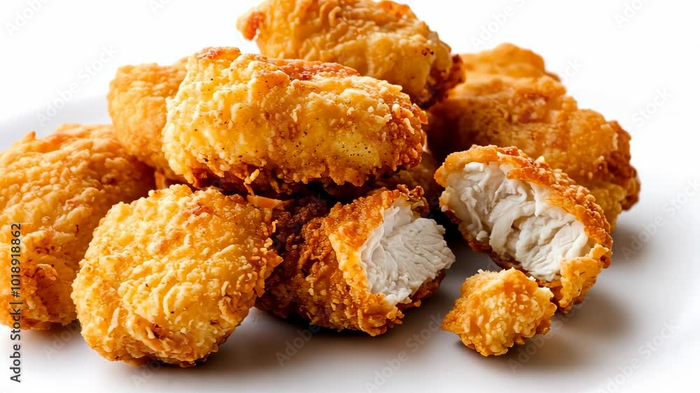 Chicken nuggets piled up rotating on white background Chicken nuggets piled up rotating on white background