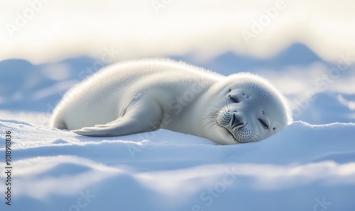 Newborn Harp seal pup (Phoca groenlandicus) lying in the snow sleeping photo