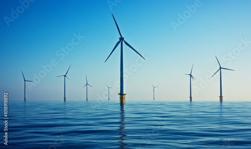 Offshore wind turbines standing tall in a blue sea against a clear sky