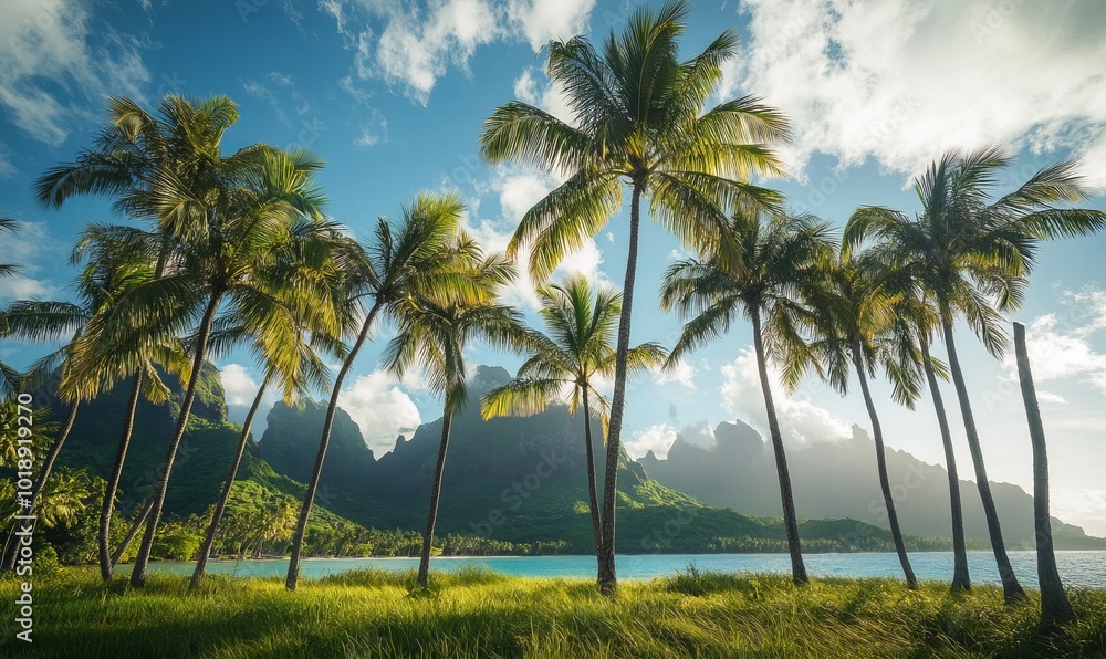 Palm trees blow in the wind at the base of Mount Otemanu on the beautiful tropical island Bora Bora in French Polynesia Palm trees blow in the wind at the base of Mount Otemanu on the beautiful tropical island Bora Bora in French Polynesia