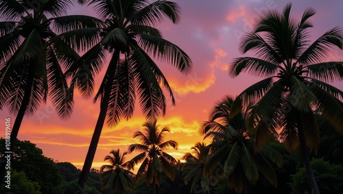 Illustrated scene of a tropical sunset featuring palm trees