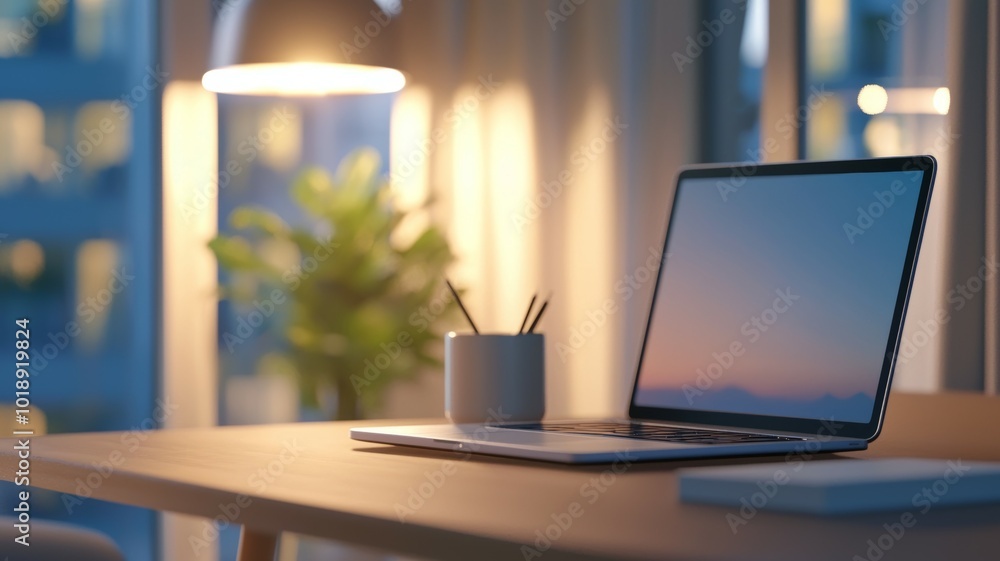 custom made wallpaper toronto digitalA cozy workspace with a laptop and a plant during sunset in a modern home office setting