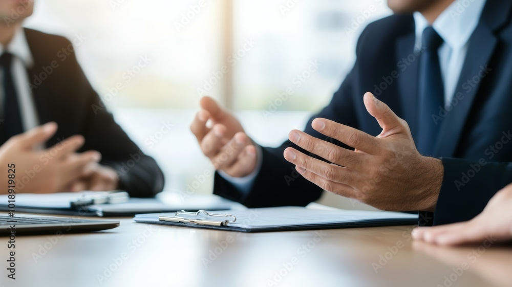 Business professionals having a discussion during a meeting in a bright conference room in the afternoon Business professionals having a discussion during a meeting in a bright conference room in the afternoon