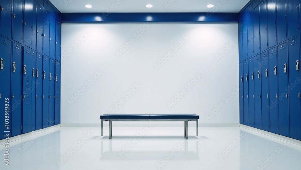 Blue gymnasium features one central blue bench amidst blue walls and lockers Blue gymnasium features one central blue bench amidst blue walls and lockers