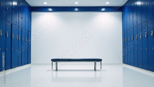 Blue gymnasium features one central blue bench amidst blue walls and lockers photo