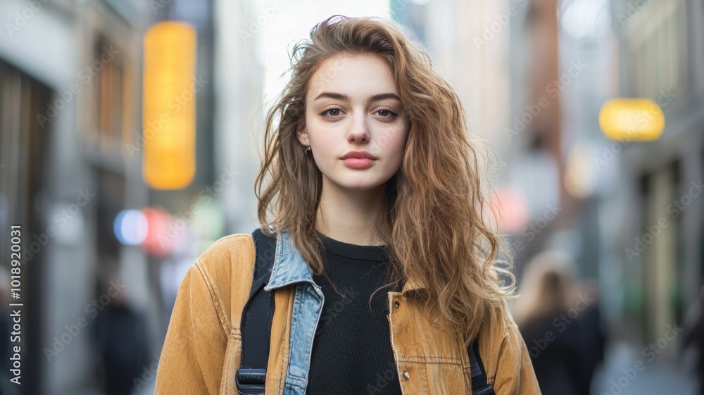 A young woman with wavy hair wearing a denim jacket stands confidently on a busy city street during the day A young woman with wavy hair wearing a denim jacket stands confidently on a busy city street during the day