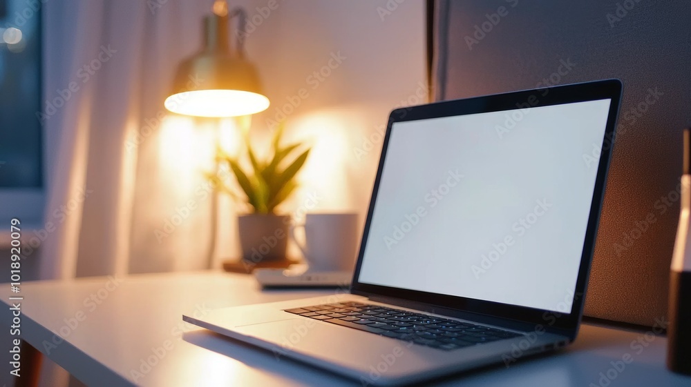 A cozy workspace featuring a laptop, desk lamp, and potted plant in a softly lit room during the evening A cozy workspace featuring a laptop, desk lamp, and potted plant in a softly lit room during the evening