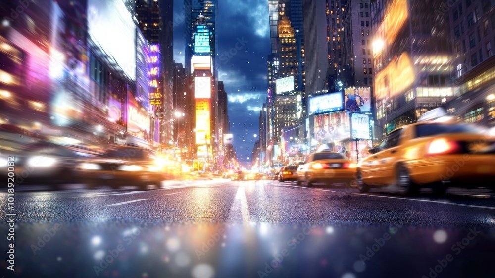 Busy New York City street at night with vibrant lights and yellow taxis amidst the urban hustle Busy New York City street at night with vibrant lights and yellow taxis amidst the urban hustle