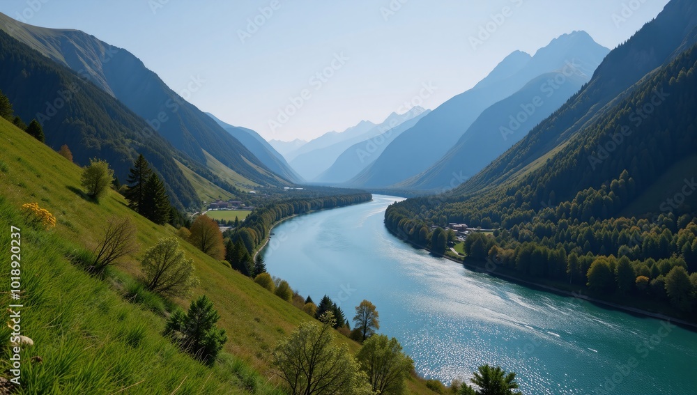Landscape depicting mountains river and lush greenery Landscape depicting mountains river and lush greenery