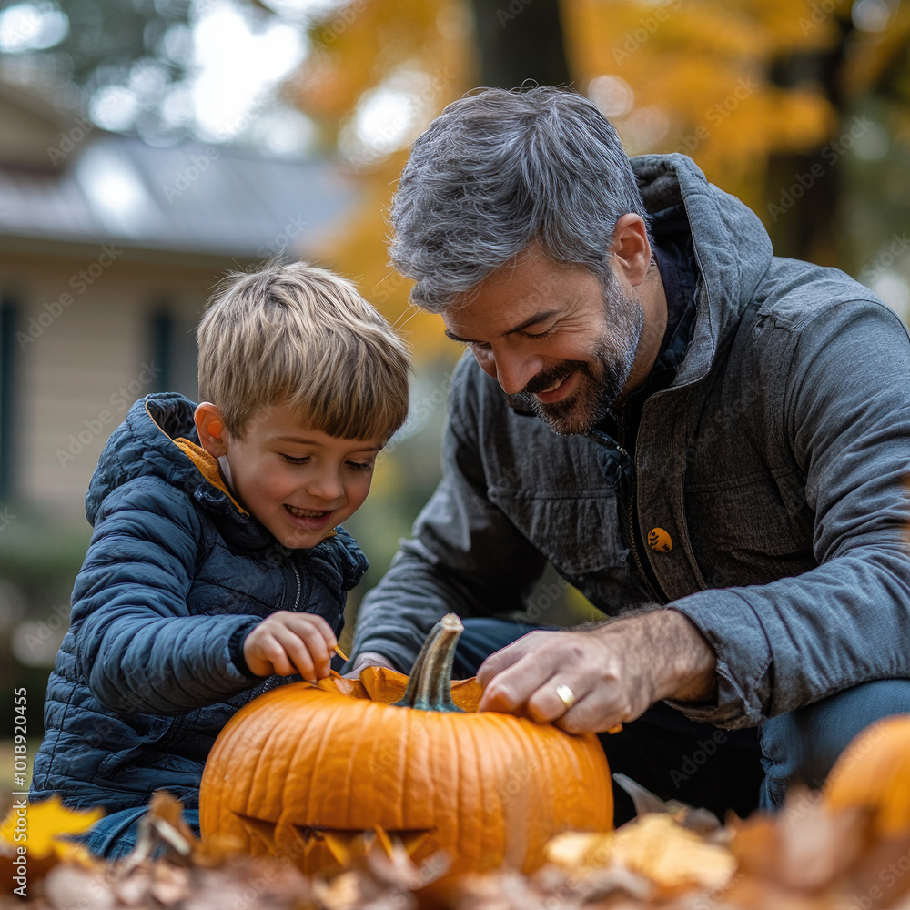 Fototapeta premium A father and son joyfully carving a pumpkin together in an autumn setting filled with leaves.