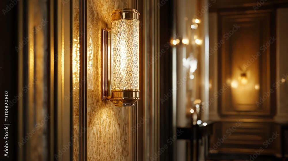 An elegant wall sconce with crystal textures and a gold finish, enhancing room aesthetics. An elegant wall sconce with crystal textures and a gold finish, enhancing room aesthetics.