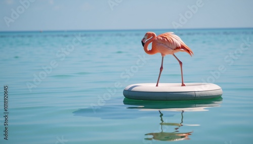 Pink flamingo floats peacefully on an ocean raft surrounded by calm waters photo