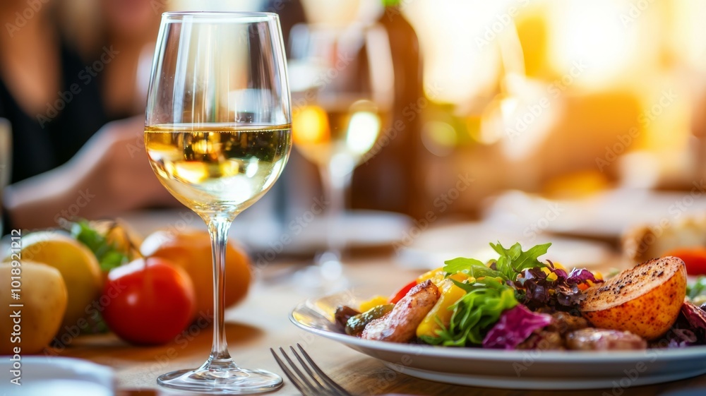 A fine dining experience with a glass of white wine and a vibrant gourmet salad at sunset A fine dining experience with a glass of white wine and a vibrant gourmet salad at sunset