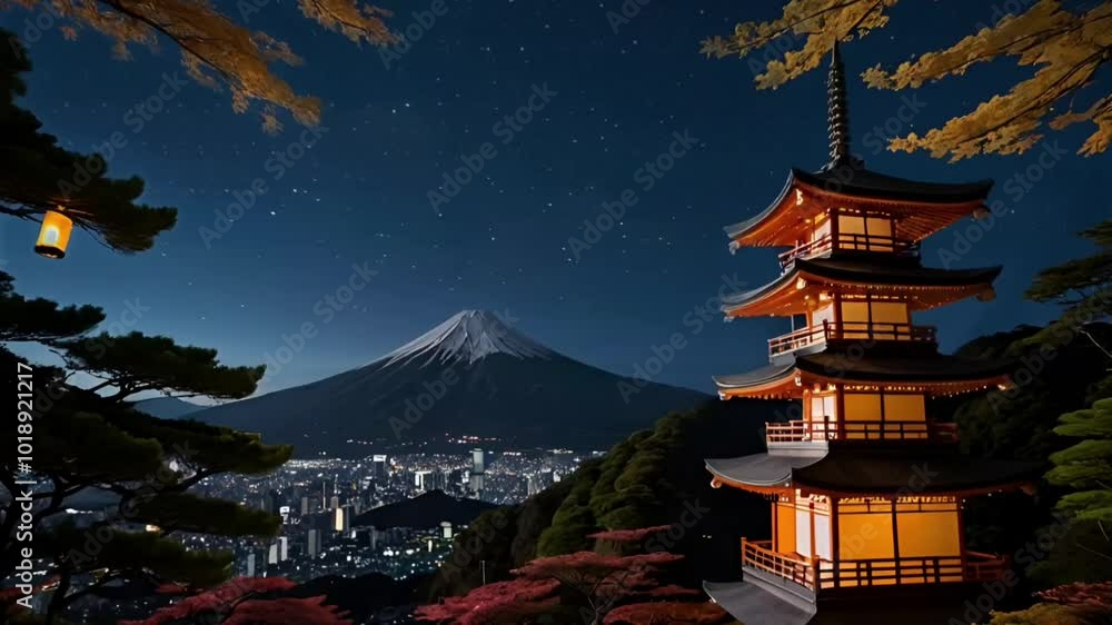 Nighttime Tranquility with Illuminated Pagoda and Mount Fuji Nighttime Tranquility with Illuminated Pagoda and Mount Fuji