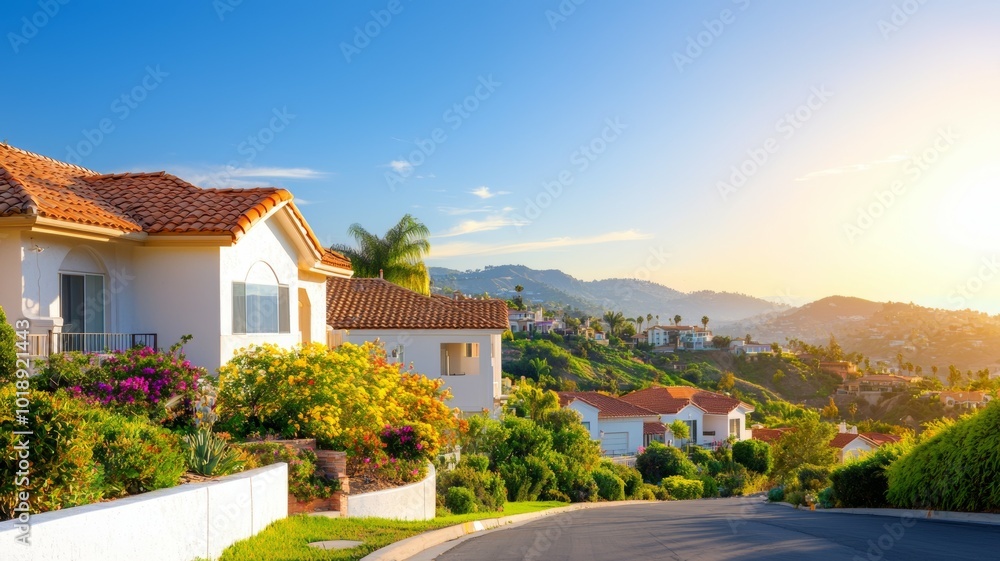 Scenic hillside neighborhood with vibrant flowers and sunset glow in California Scenic hillside neighborhood with vibrant flowers and sunset glow in California