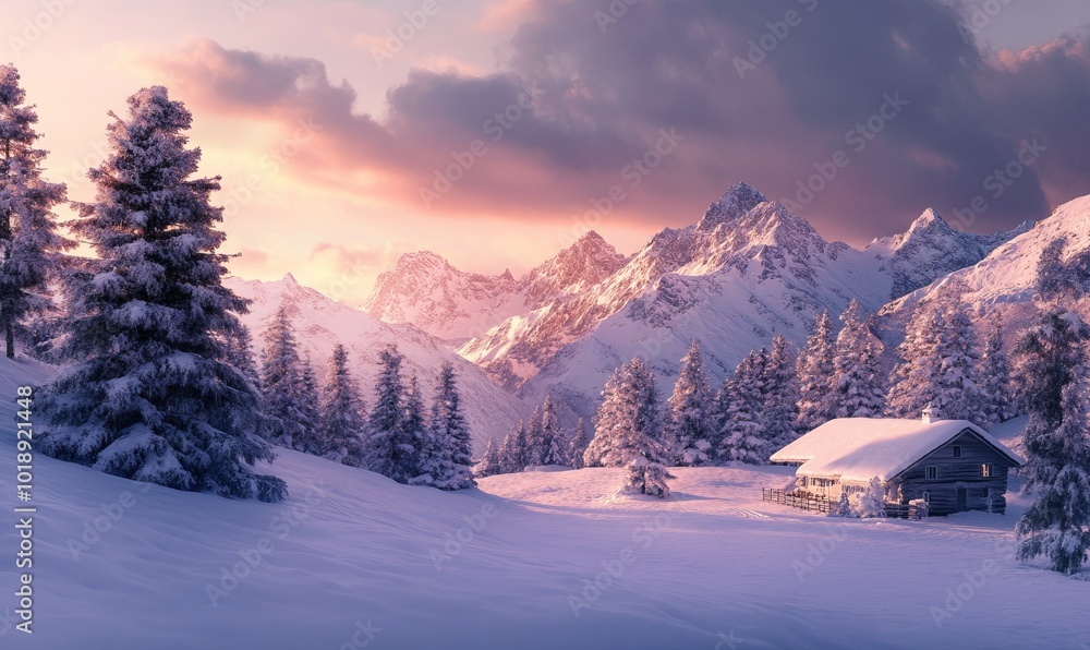 Fototapeta premium Serene snowy mountain landscapes peaceful winter scenes for a cozy holiday atmosphere