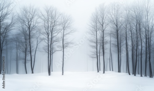 Serene snowy forest with bare trees standing tall against a backdrop of soft, frosty mist