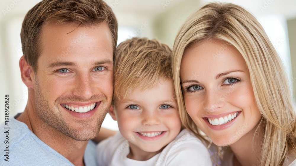 A happy family of three smiling together in a bright, cozy living room during a sunny afternoon A happy family of three smiling together in a bright, cozy living room during a sunny afternoon