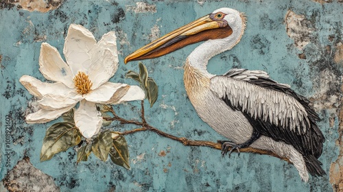 A white pelican with a long beak perched on a branch with a white flower on a blue textured wall. photo